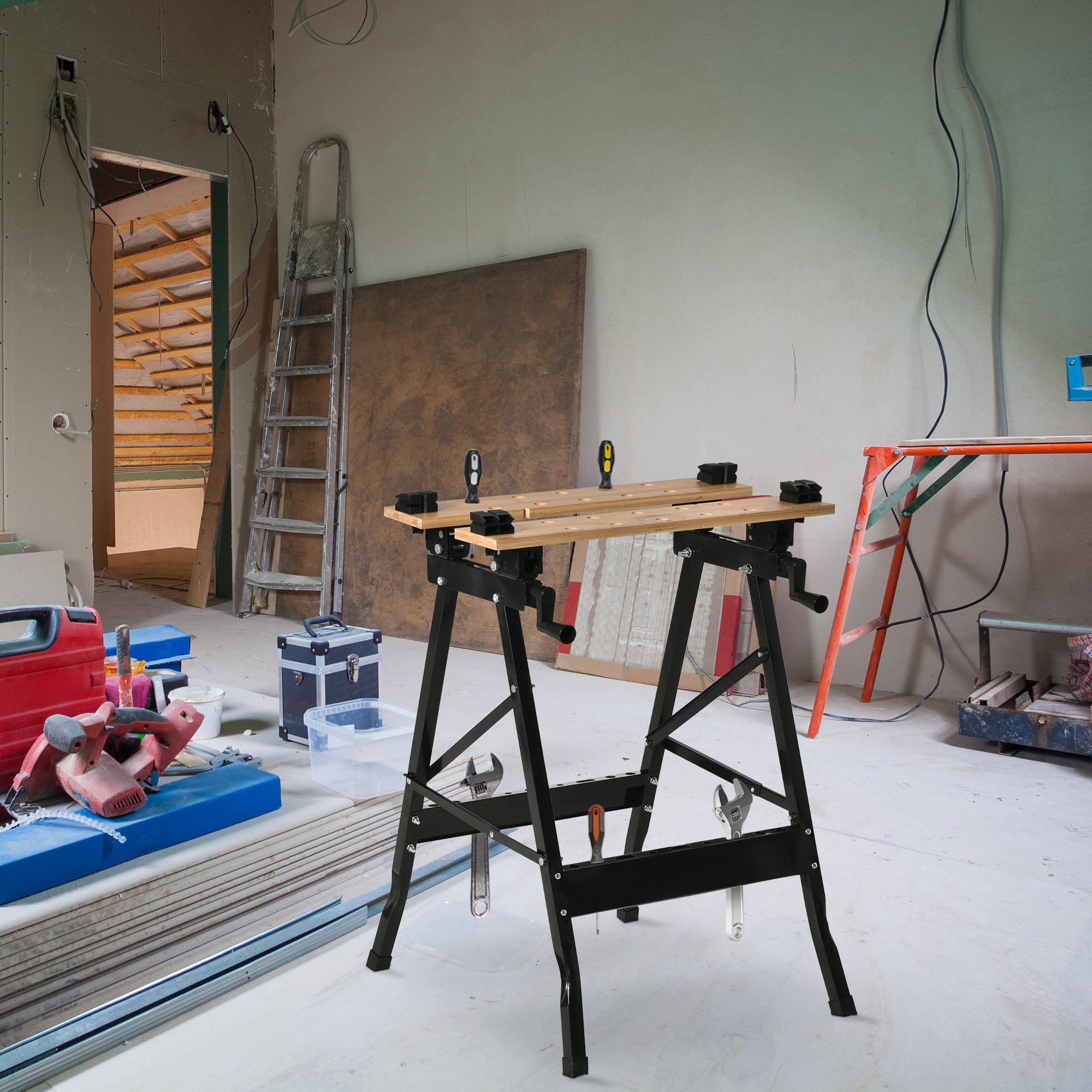 HOMCOM Banco de Trabajo Plegable Portátil con Tableros Ajustables en ángulo y Distancia Bambú y Acero Carga Máx. 150 kg 63,5x60,5x78 cm Madera Natural y Negro