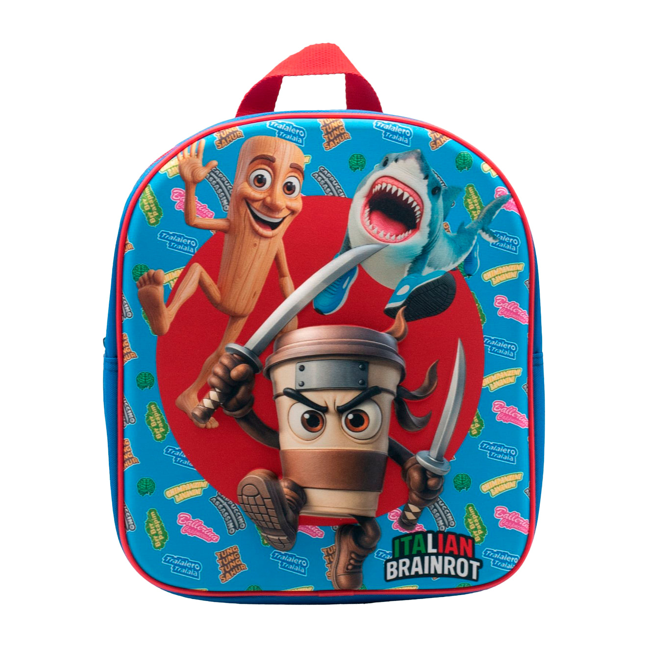 Zaino per la scuola materna 3D Italian Brainrot. Tasca laterale. Interno completamente foderato e personalizzato. Retro imbottito. Spallacci ergonomici, regolabili e imbottiti.
