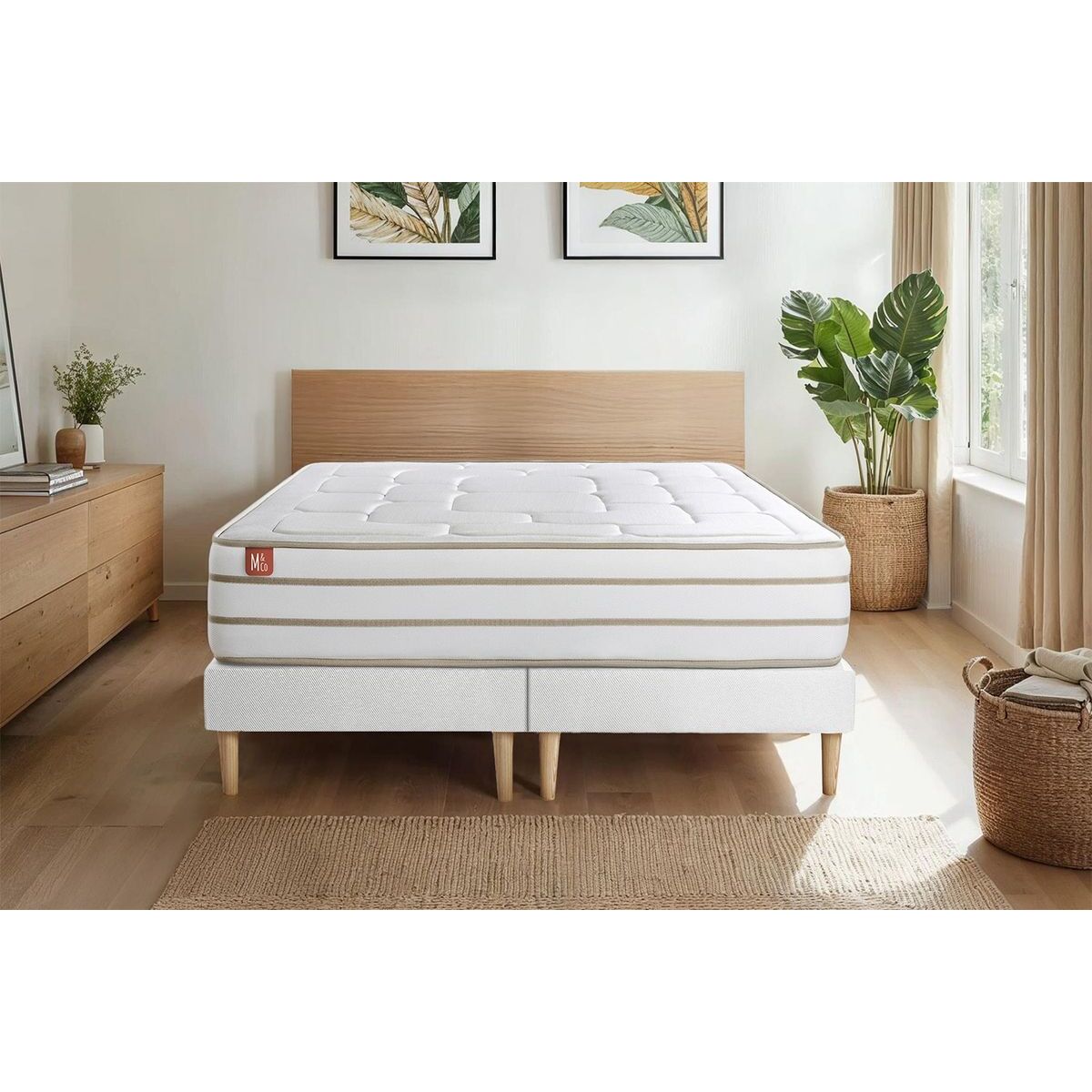 Ensemble Matelas Le Douillet - 26cm - Mémoire de forme - Matériaux éco-responsable - Sommier Tapissier Blanc