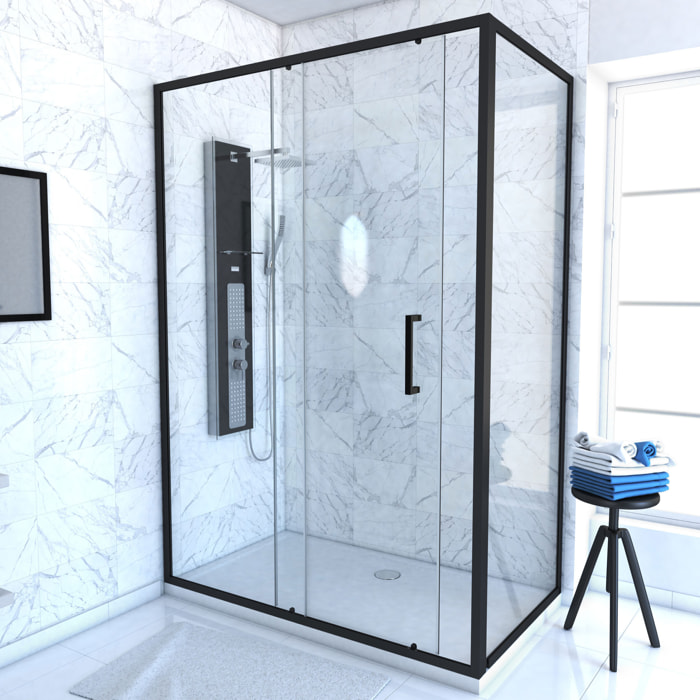Porte de douche + Retour 140x80x200 cm - Verre 6 mm - Profilé Noir - CRUSH