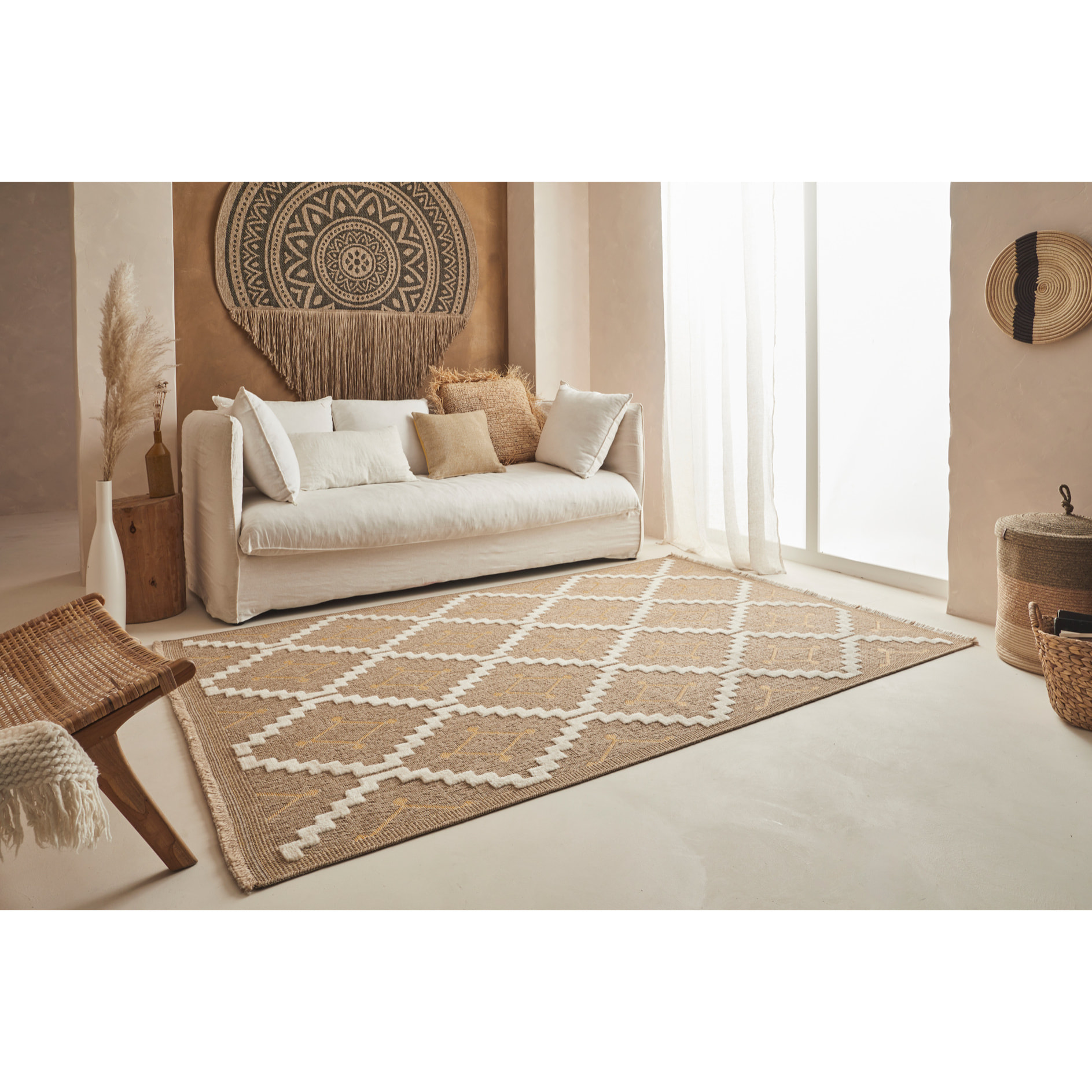 Tulum - Tapis effet jute motif losange jaune