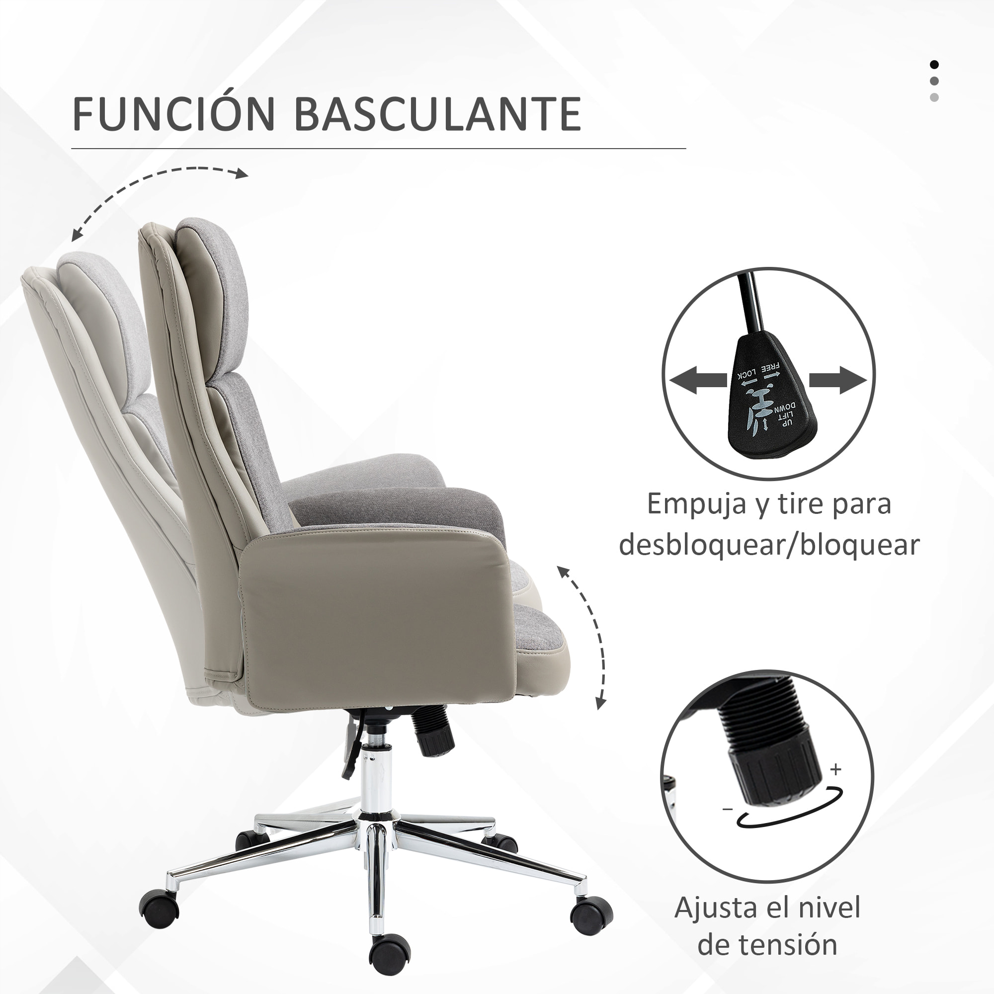 Silla de Escritorio Tapizado en PU Silla de Oficina Giratoria con Altura Ajustable y Respaldo Alto para Salón Dormitorio Estudio Carga 120 kg 65x72x108-118 cm Gris