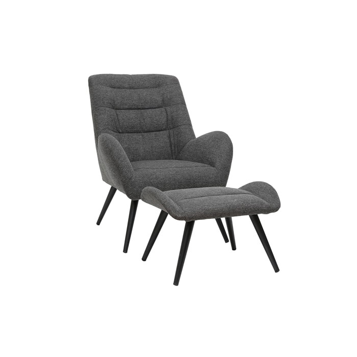 Fauteuil et repose-pieds design en tissu gris foncé et métal noir ZOE