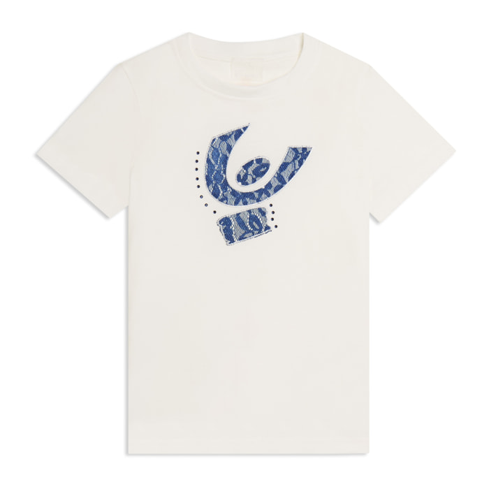 T-shirt Junior regular con maxi omino in pizzo e strass