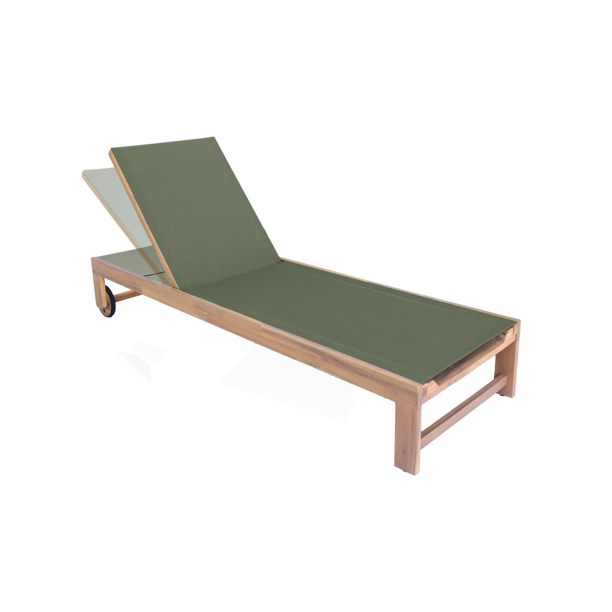Lot de 2 bains de soleil en bois d'acacia et textilène kaki. multi positions avec roulettes