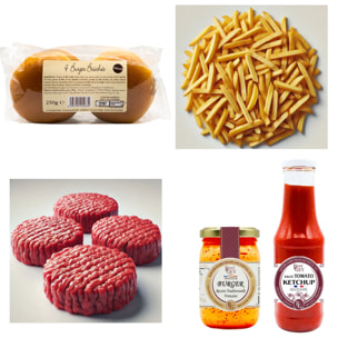 Colis Burger Gourmand : 4 Pains Briochés (1x250g), 4 Steaks Hachés (2x240g), Frites 600g, Sauce Burger & Ketchup - 1.69 kg - France