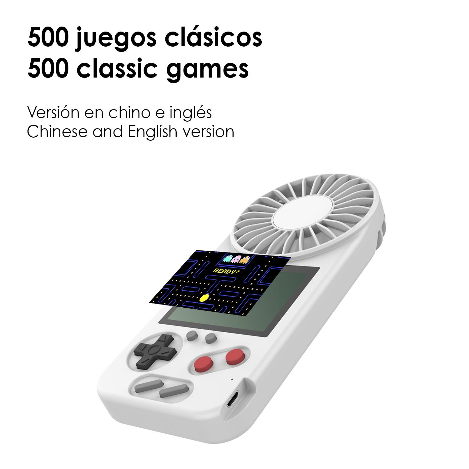 Consola portátil con 500 juegos y ventilador incorporado.