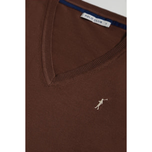 Maglione marrone in maglia basic con collo a V e logo Rigby Go