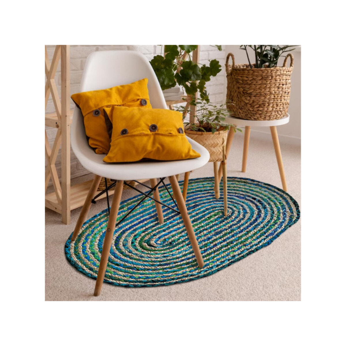 Tapis en jute tressée ovale bleu vert artisanat indien 90cm - SINNAR
