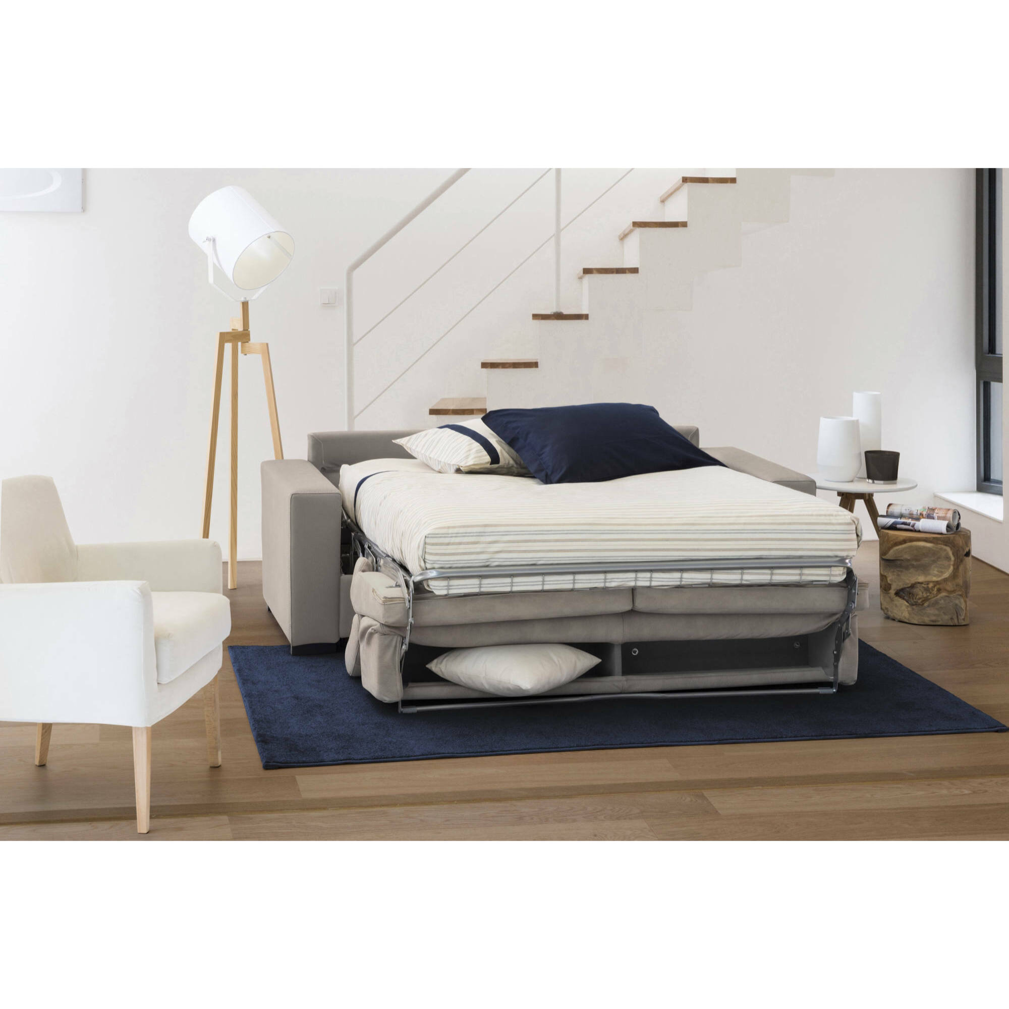 Divano Letto Aisha, Divano a 3 posti, 100% Made in Italy, Sofà Soggiorno con apertura girevole, con poggiatesta regolabili e Braccioli slim, Cm 200x95h85, Tortora