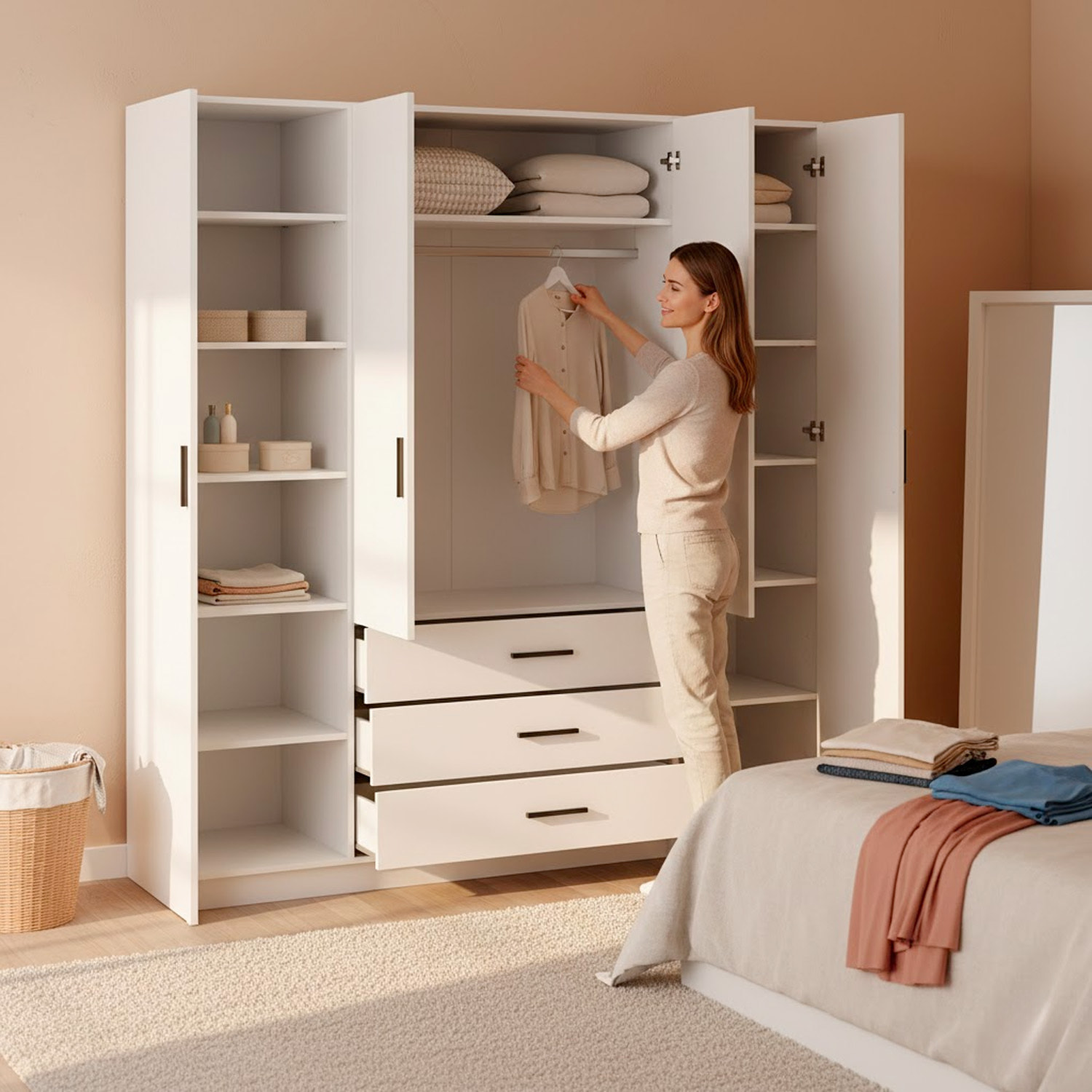 Armadio Con 4 Ante E 3 Cassetti Armadietto Multiuso Barra Appendiabiti E 8 Ripiani Di Cui 6 Regolabili Extra Capiente 195,5 x 49,6 x 200,4 Cm Bianco