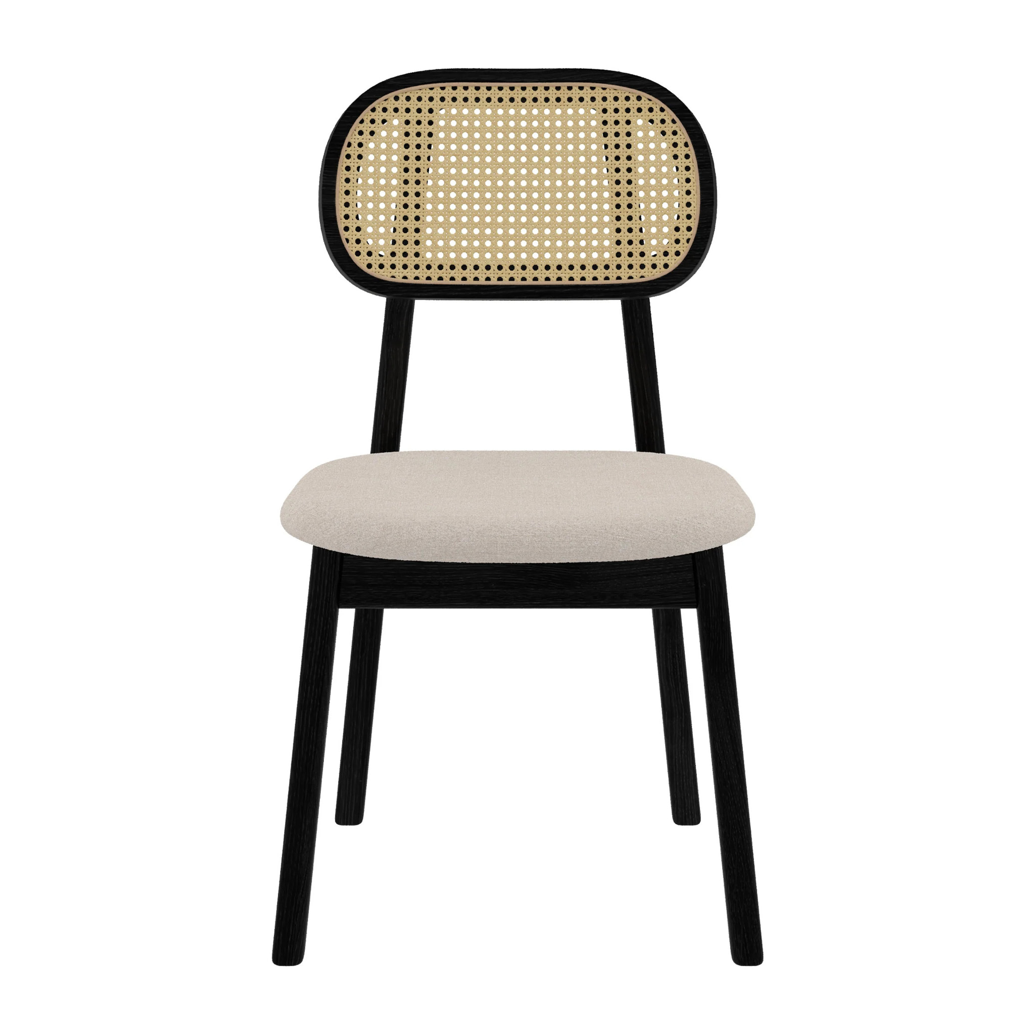 Lot de 2 chaises en bois noir, tissu beige et rotin synthétique - Maria