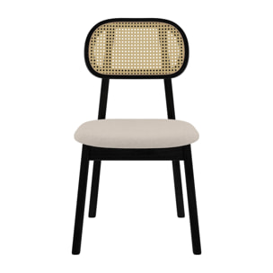Lot de 2 chaises en bois noir, tissu beige et rotin synthétique - Maria
