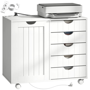 Mueble para Impresora con Estación de Carga y Ruedas, Soporte para Impresora con 5 Cajones, Puertos USB, Estante Ajustable para Oficina en Casa, Blanco