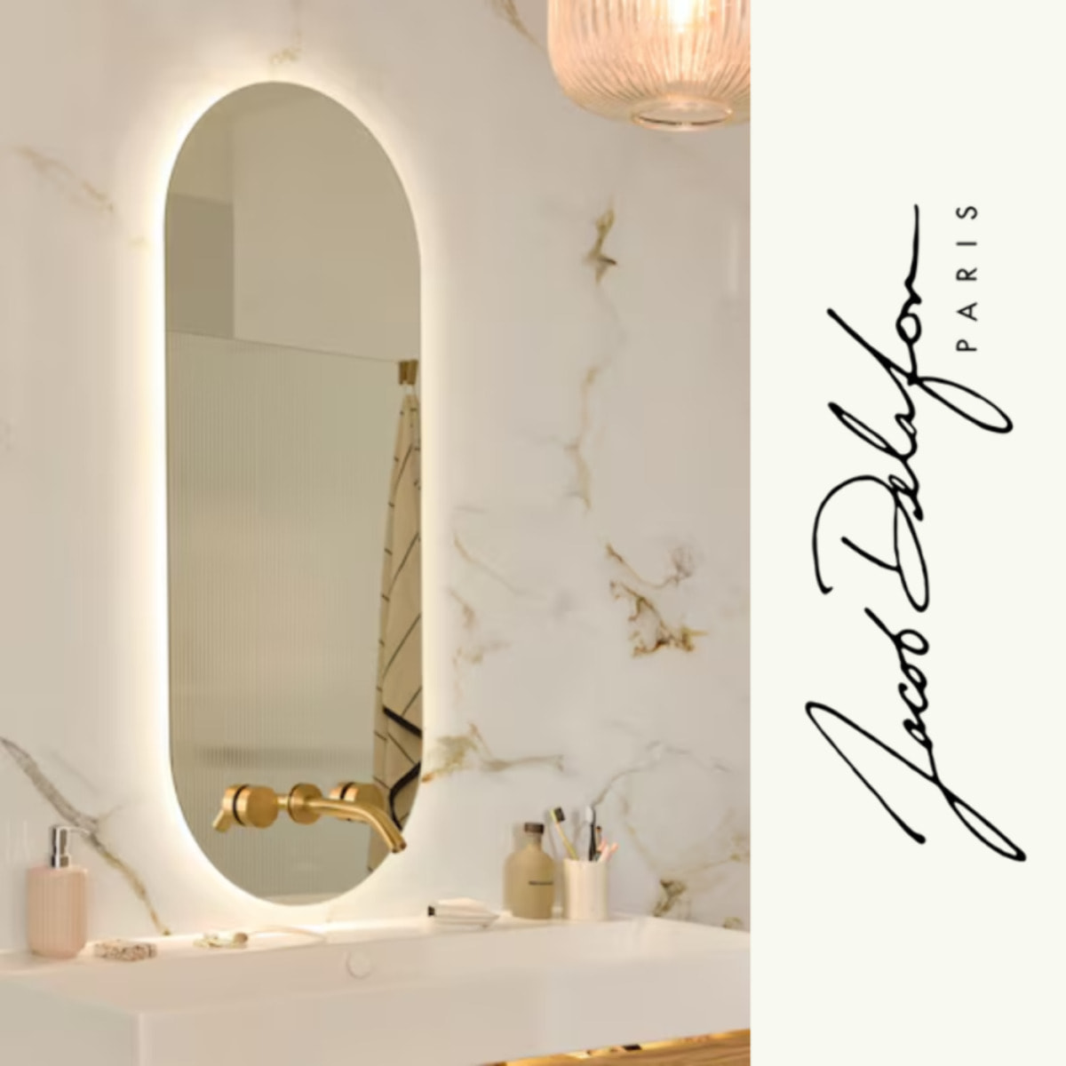 Miroir LED ovale 3 trous + mitigeur lavabo encastré 3 trous Grands Boulevards laiton brossé