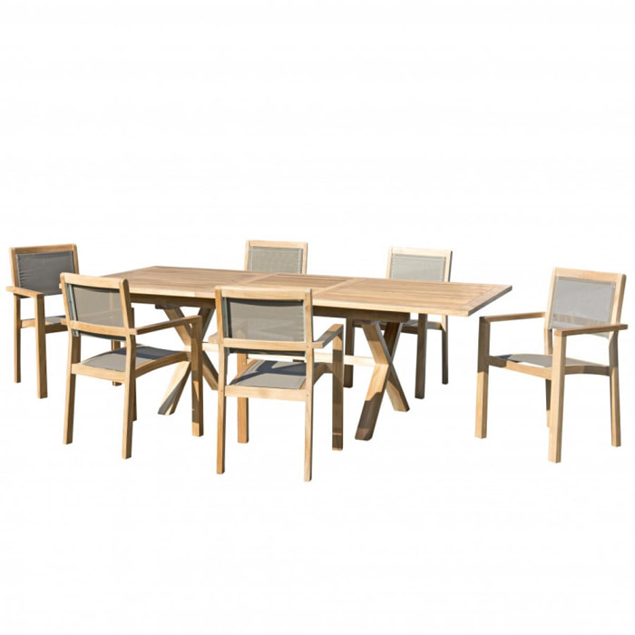 HARRIS - SALON DE JARDIN BOIS TECK 8/10 pers - 1 Table rect. extensible pieds croisés - 6 fauteuils empilables textilène taupe
