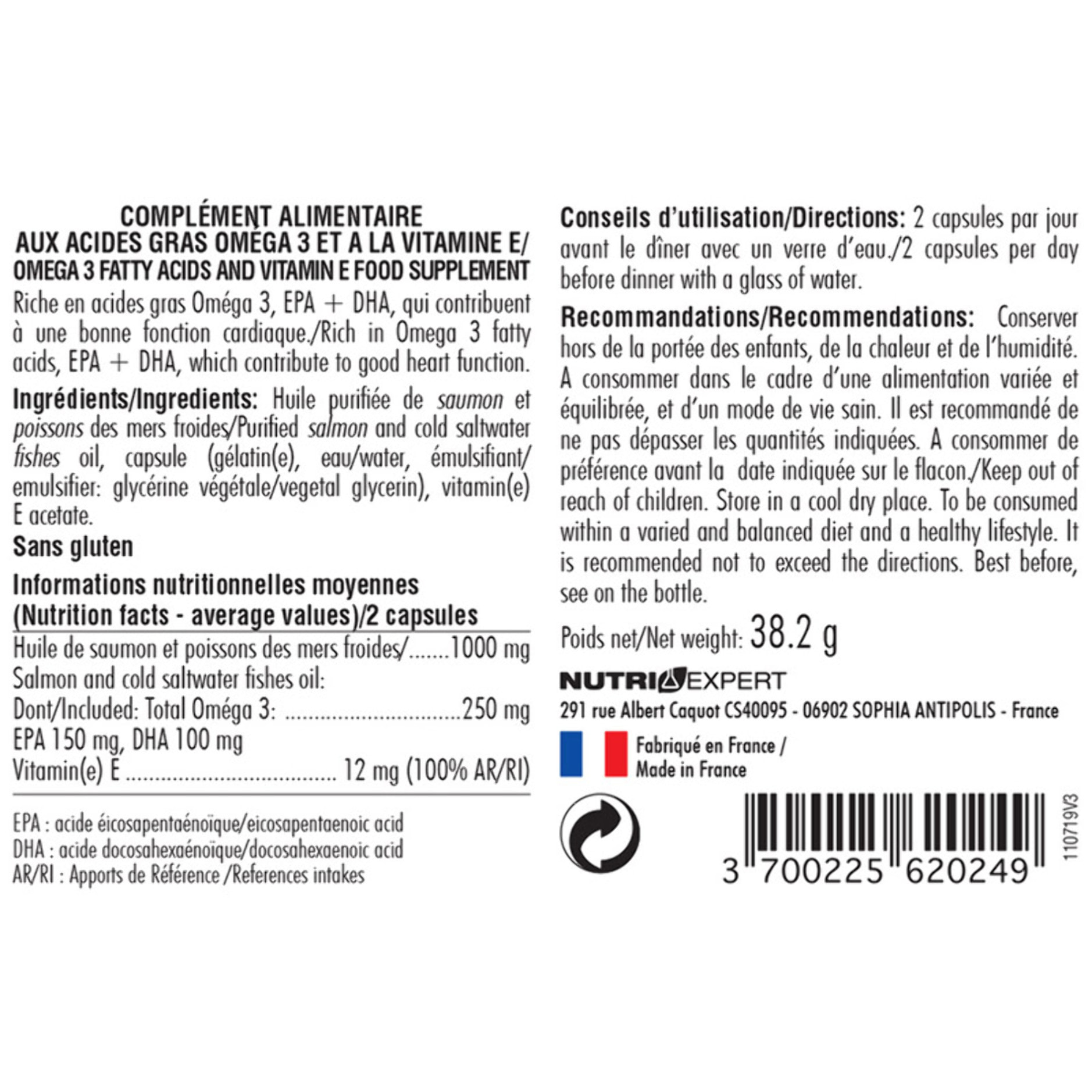 NUTRI EXPERT - Oméga 3 - Fonctionnement cérébral + cardiovasculaire - Riche en acides gras Oméga 3, EPA + DHA - Huile purifiée de poissons des mers froides - Marque Française - Cure 30 jours