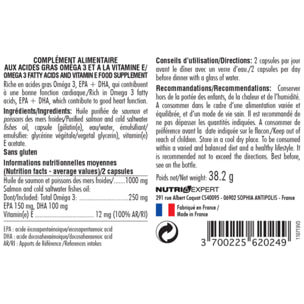 NUTRI EXPERT - Oméga 3 - Fonctionnement cérébral + cardiovasculaire - Riche en acides gras Oméga 3, EPA + DHA - Huile purifiée de poissons des mers froides - Marque Française - Cure 30 jours