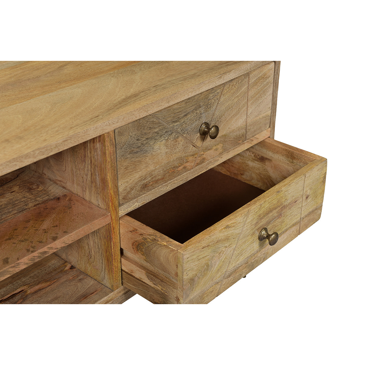 Meuble TV gravé en bois manguier massif et métal L130 LINIUM
