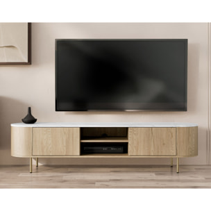 Sansa - meuble tv 184 cm - 2 portes et 2 niches - plateau effet marbre - Bois / Blanc