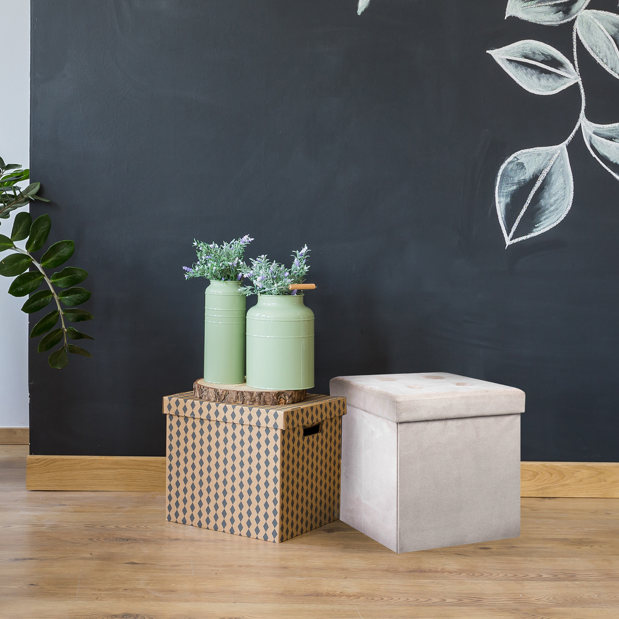 Coffre Pouf Pliable Suedine Beige