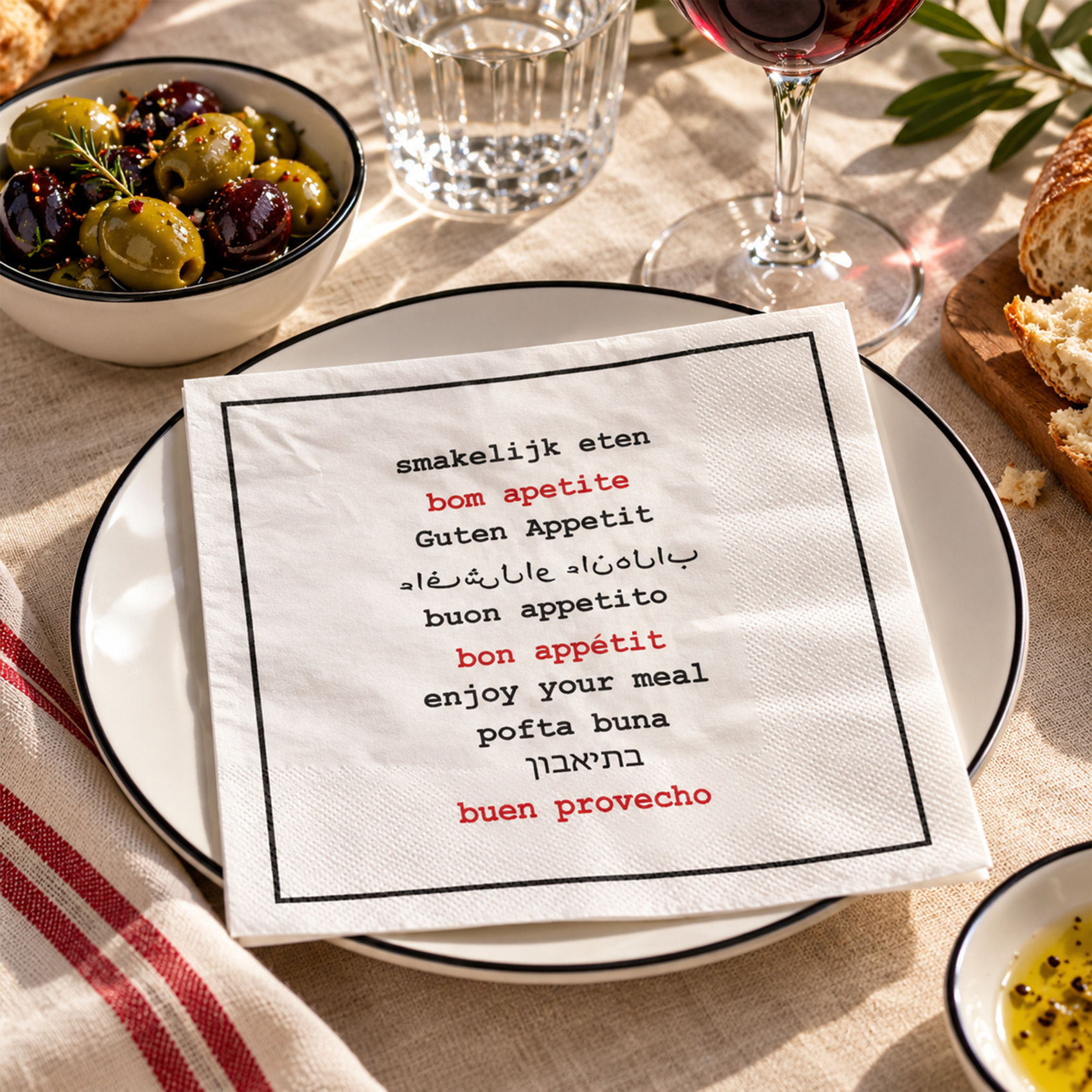 Lot de 20 serviettes en papier Bon Appétit multilingue - Noir