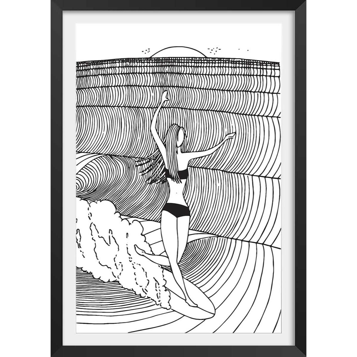 Poster surfeuse nose-riding Affiche + cadre en bois - Noir
