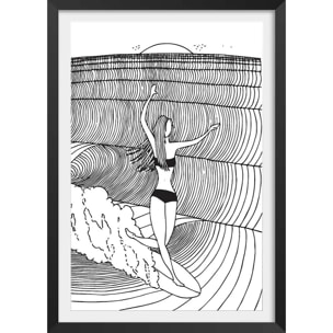 Poster surfeuse nose-riding Affiche + cadre en bois - Noir