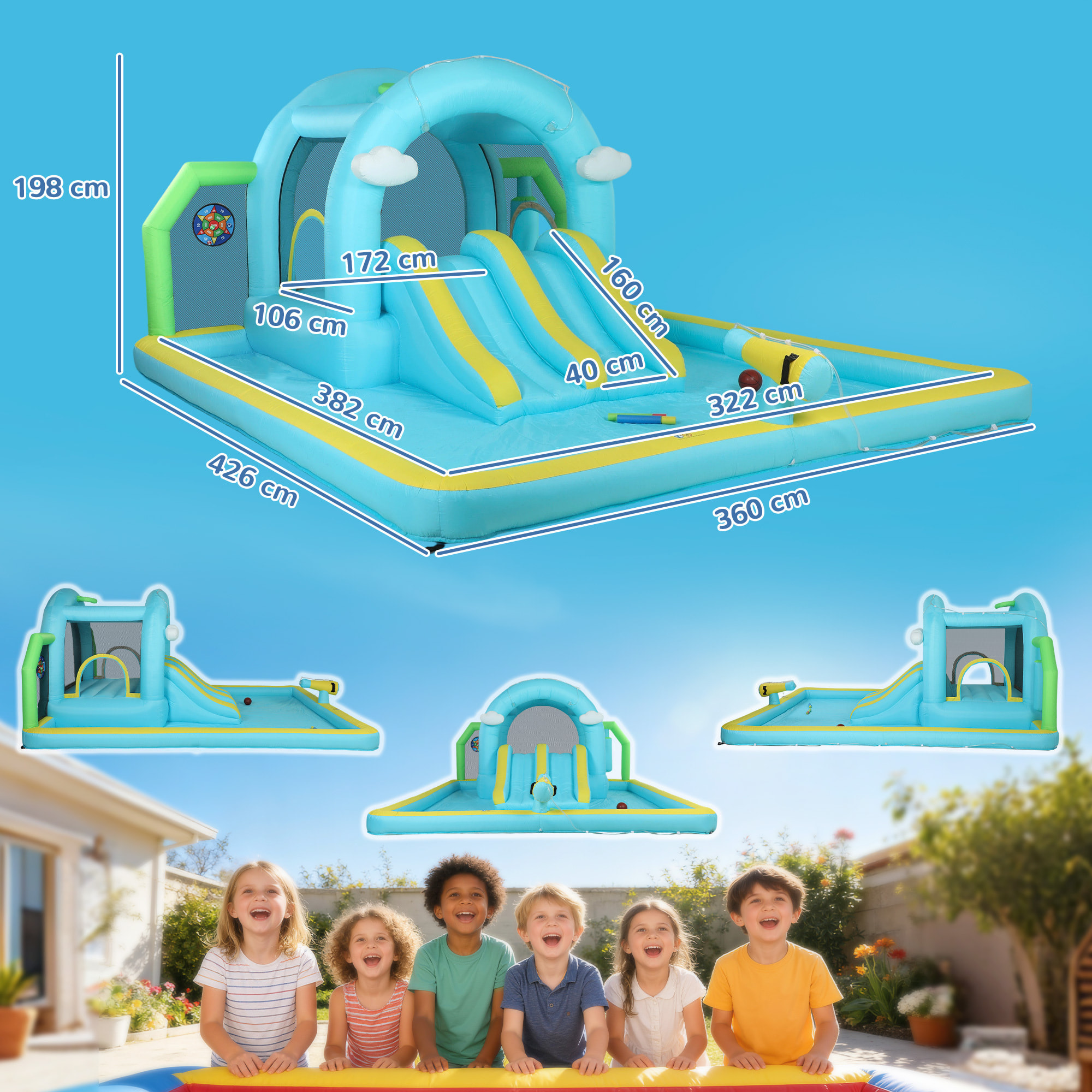 Castillo Hinchable Acuático 7 en 1 con Soplador 450W, Castillo Hinchable para Niños con 2 Toboganes, Trampolín, Piscina, Canasta, Columna de Boxeo, Exterior/Interior, 3-8 Años, 426x360x198 cm