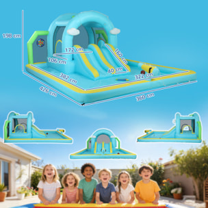 Castillo Hinchable Acuático 7 en 1 con Soplador 450W, Castillo Hinchable para Niños con 2 Toboganes, Trampolín, Piscina, Canasta, Columna de Boxeo, Exterior/Interior, 3-8 Años, 426x360x198 cm