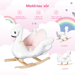 Cheval à bascule modèle cygne fonction musicale assise enveloppante cale-pieds bois peluche douce blanc rose