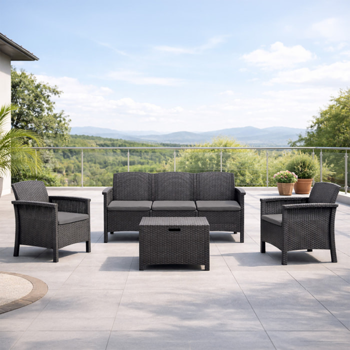 Salon de jardin 5 places effet résine tressée gris anthracite avec table basse MENIA