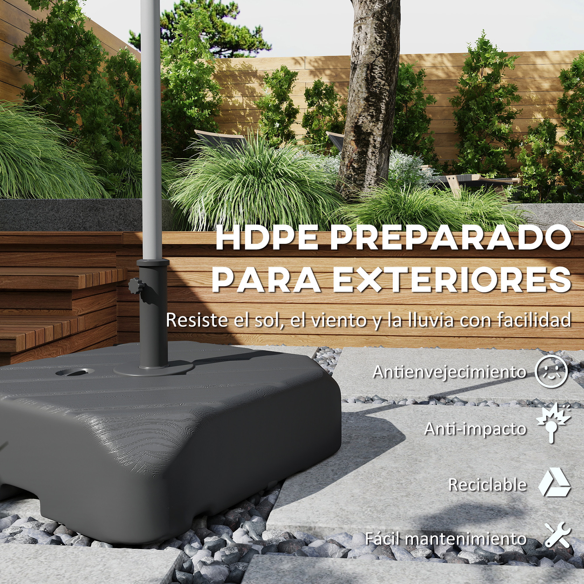 Base para Sombrilla con Ruedas, Soporte de Parasol de HDPE, Pie para Sombrilla con Postes Ø38 mm, Ø48 mm, Rellenable de Arena 72 kg o Agua 45 Litros, con Asa Telescópica, para Jardín, Negro