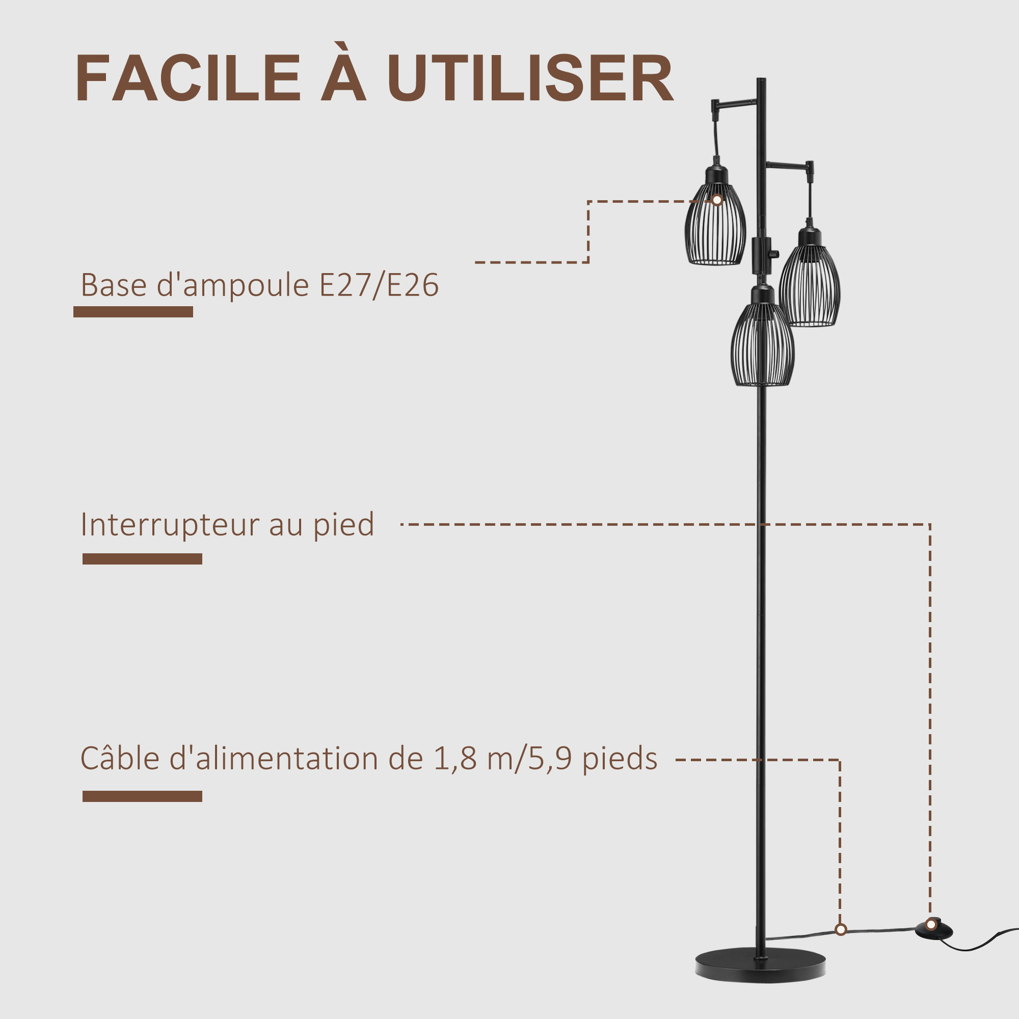 Lampadaire design industriel 3 têtes 40 W max. luminosité réglable métal filaire acier noir