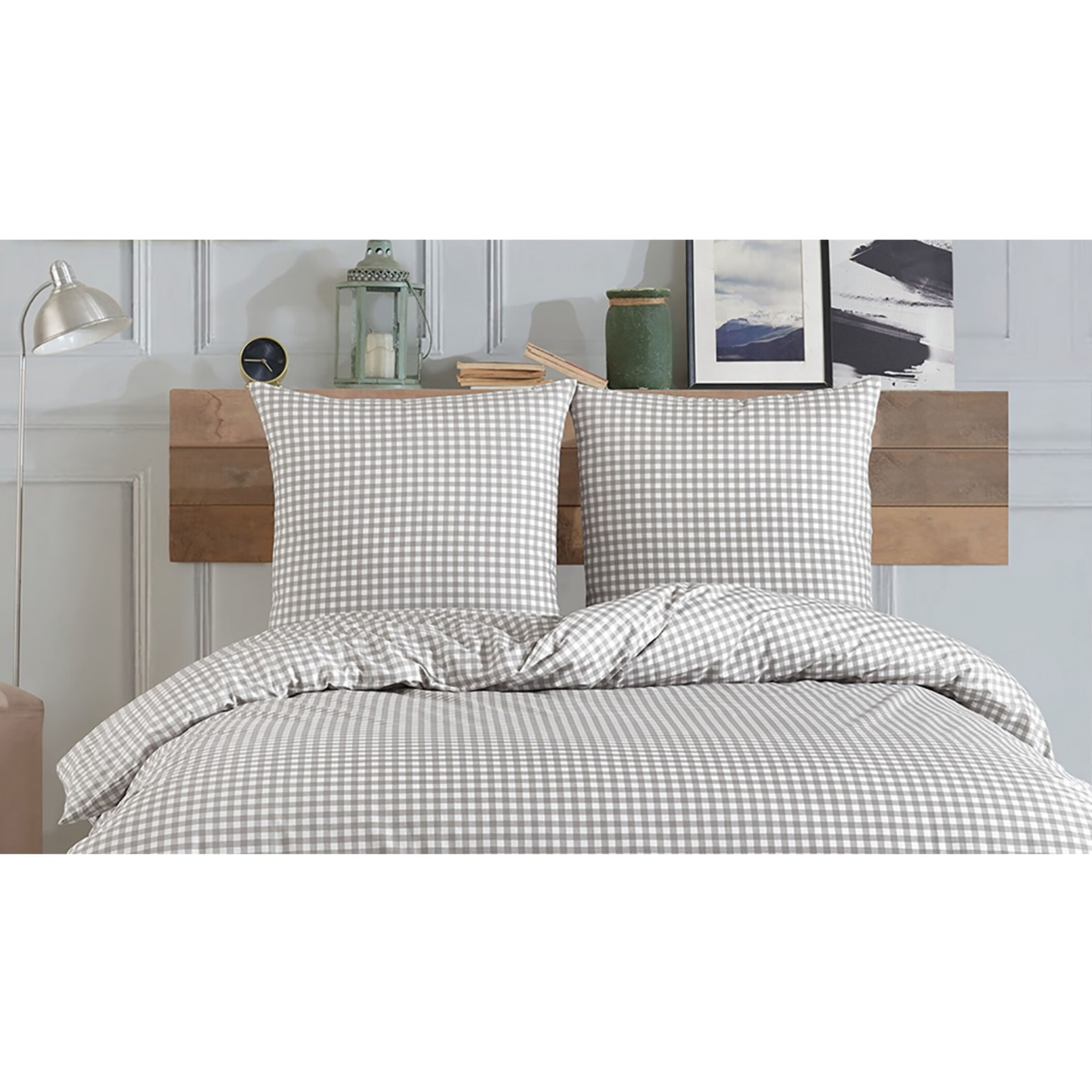 Housse de couette + taie(s) oreiller "Vichy gris" 100% coton imprimé.