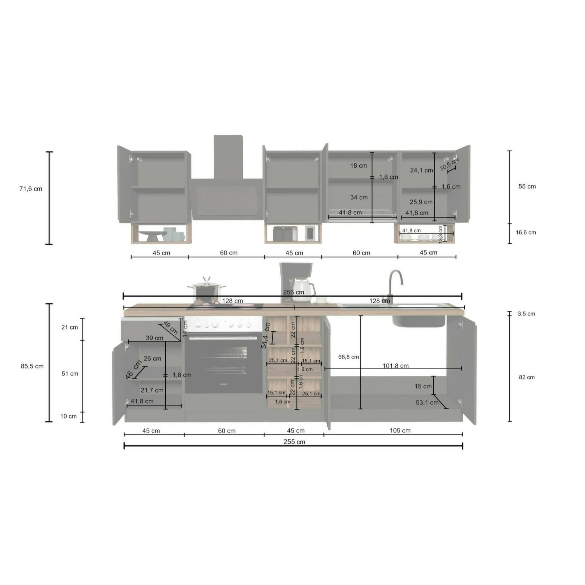 Cucina completa Dcelient, Cucina pratica e salvaspazio, Parete da cucina con 7 ante e 1 cassetto, 100% Made in Italy, 255x60h85 cm, Antracite e Ardesia