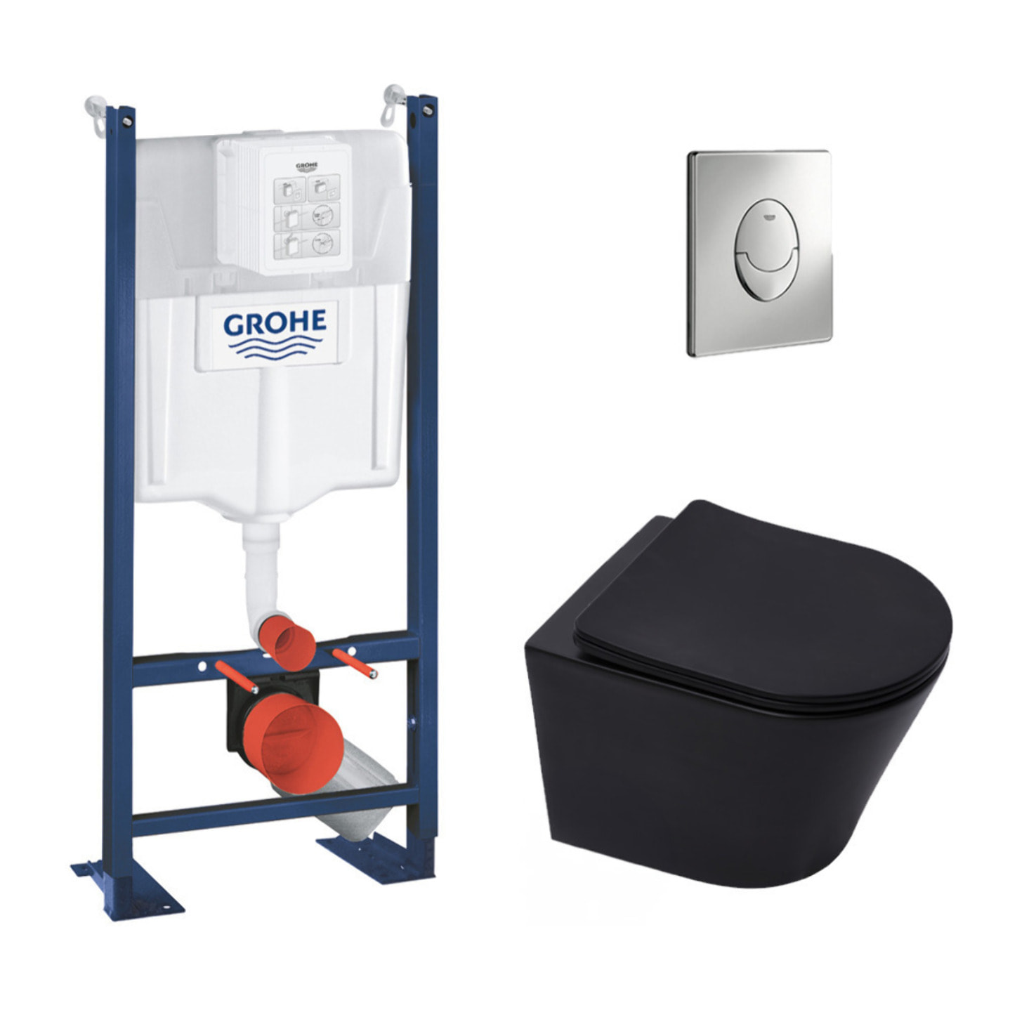 Pack WC Bâti-autoportant Rapid SL + WC Infinitio sans bride noir mat + Abattant softclose + Plaque chrome