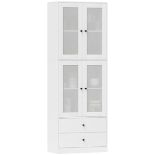 Alacena de Cocina Alta, Mueble Auxiliar de Cocina, con 4 Puertas de Vidrio, 2 Cajones, Estantes Ajustables, 59x30x170 cm, Blanco
