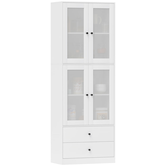 Alacena de Cocina Alta, Mueble Auxiliar de Cocina, con 4 Puertas de Vidrio, 2 Cajones, Estantes Ajustables, 59x30x170 cm, Blanco