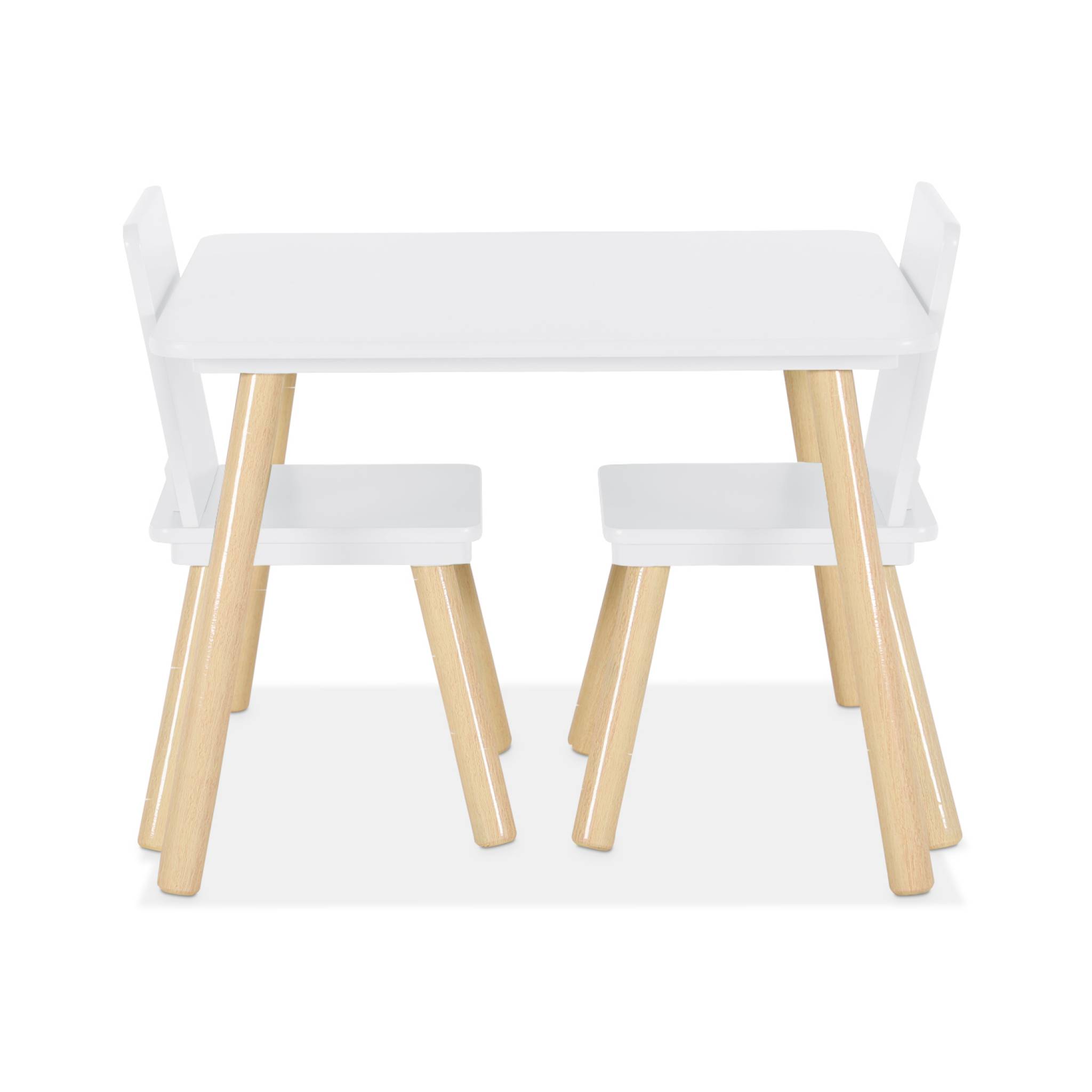 Table carrée enfant avec 2 chaises. pieds en pin. blanc