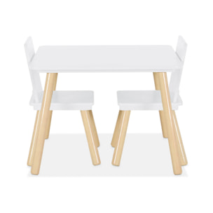 Table carrée enfant avec 2 chaises. pieds en pin. blanc