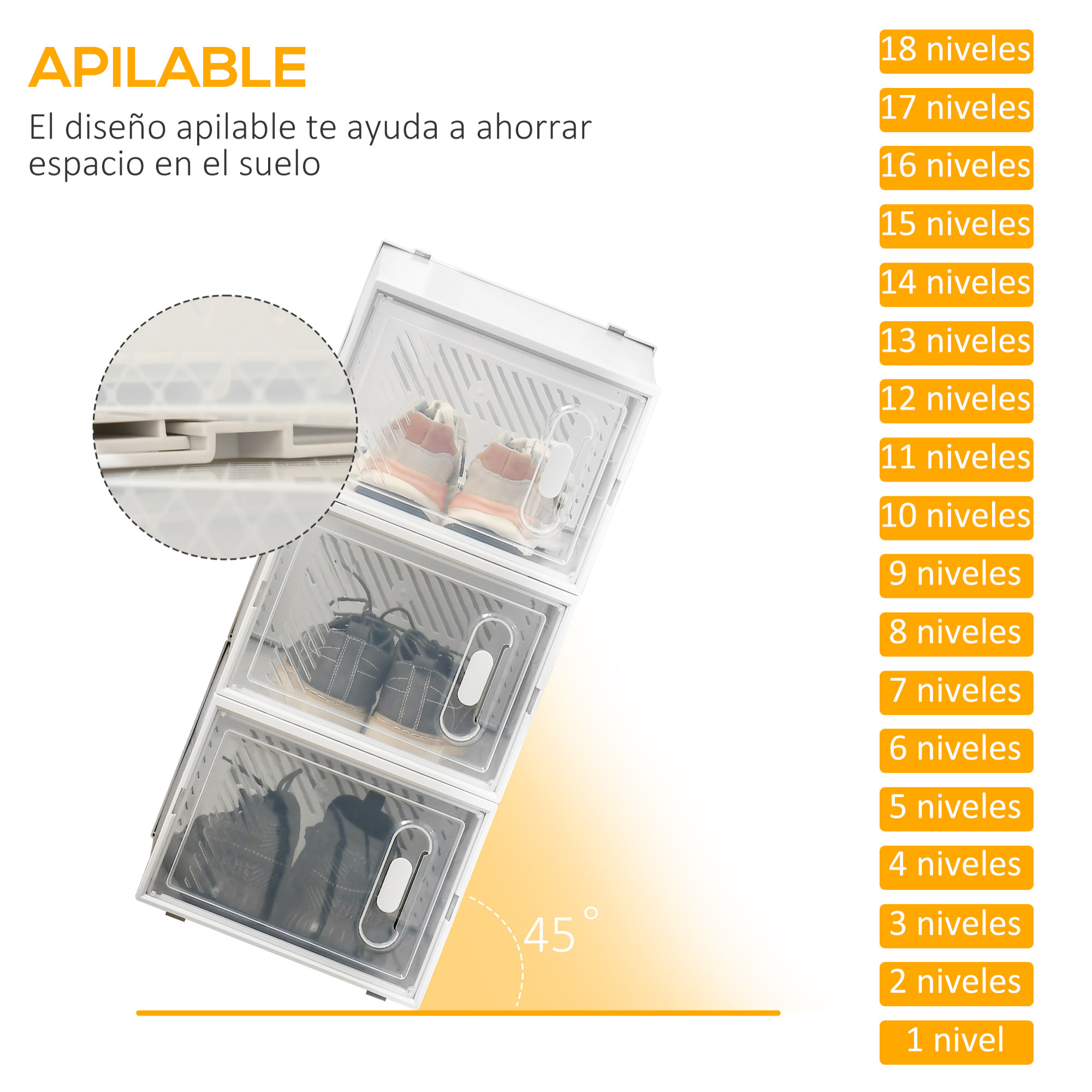 HOMCOM Armario Modular de Plástico Cajas de Zapatos Talla de 45 con 18 Cubos Puertas Magnéticas Muble Organizador para Entrada Pasillo Dormitorio 28x36x21 cm Transparente