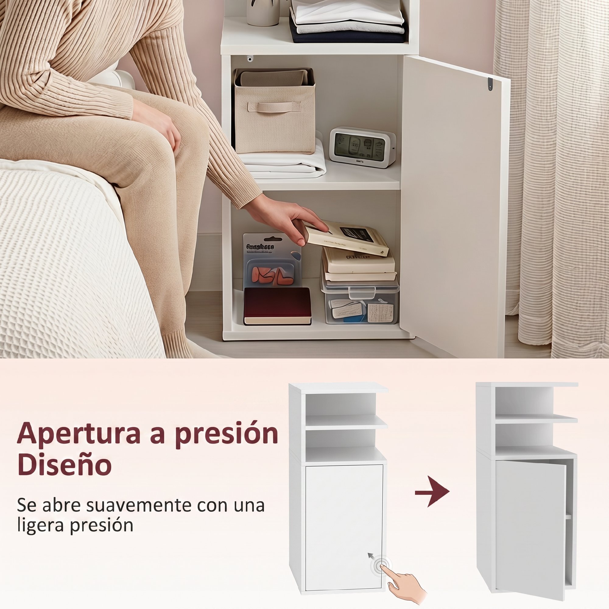 Mesitas de Noche Estrechas, Juego de 2, Mesillas de Noche Dormitorio con Puerta, Compartimentos Abiertos, Mesa Auxiliar para Salón, Espacios Reducidos, 25x30x60 cm, Blanco