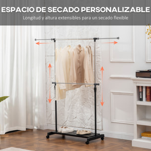Tendedero Extensible con Ruedas, Tendedero de Ropa con Barra de Acero Inoxidable y Estante para Zapatos, Altura Ajustable, para Interior, Negro y Plata
