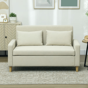 Sofá de 2 Plazas Tapizado en Lino Sintético Sofá de Salón con 2 Almohadas Espacio de Almacenamiento Oculto Bolsillo y Patas de Madera Sofá Pequeño Carga 240 kg 135x72x84 cm Beige