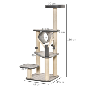 Árbol para Gatos Grande Torre Escalador con Múltiples Plataformas Cama Superior Túnel Postes Rascadores de Sisal Natural y Juguetes 49x49x130 cm Beige y Gris