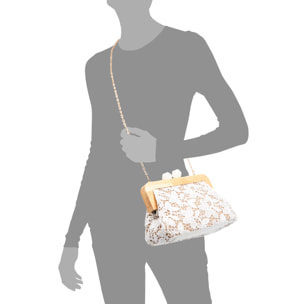 Borbera Borsa a tracolla Donna. Realizzato in legno naturale, cotone e juta con design in rete di tessuto floreale.