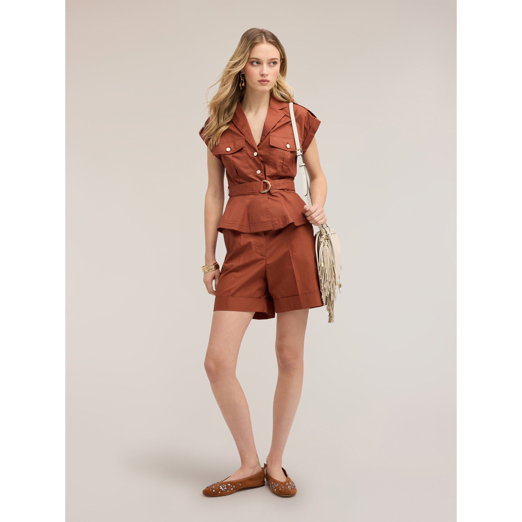 Motivi - Shorts a vita alta in cotone - Marrone