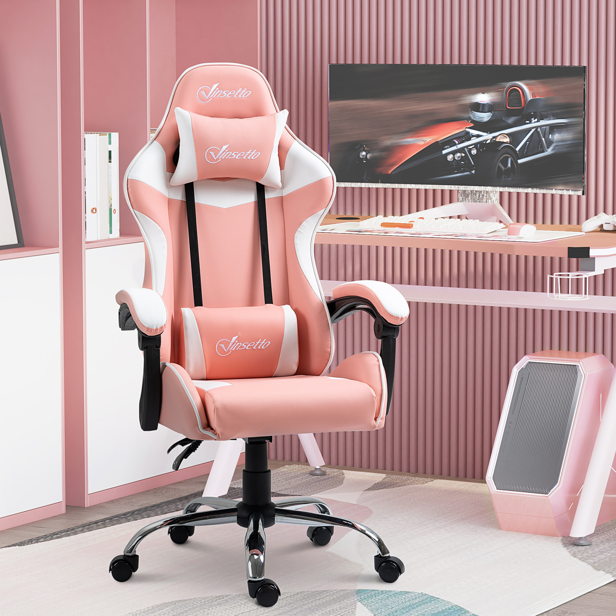 Silla Gaming Ergonómica con Altura Ajustable Reclinable 63x67x122-130 cm Rosa