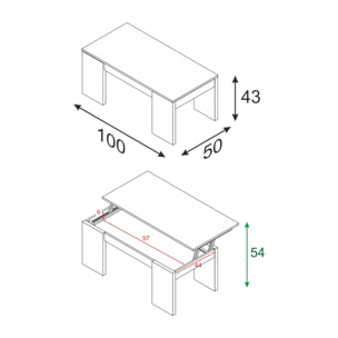 Tavolino da salotto Malibu, Tavolino da caffè con piano elevabile, Tavolo basso da soggiorno, cm 100x50h43/84, Rovere